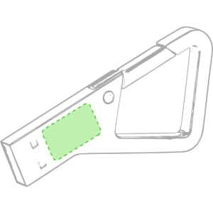 A green Drelan 8GB USB memory stick in a carabiner shape, featuring a logo on the side.