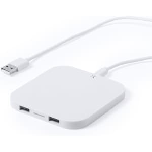 A white wireless charger featuring multiple USB ports and a connecting cable. The product has a sleek, square design.