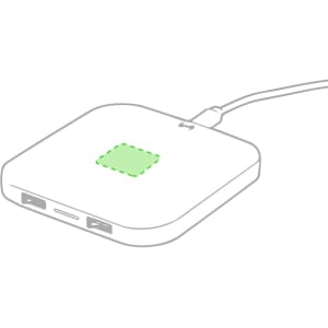A wireless charger in white with an indicator light, featuring a charging pad and connection ports.