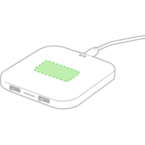 A wireless charger in white with a green charging area, featuring ports on two sides and connected by a cable.