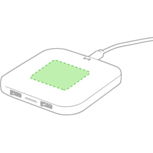 A wireless charger in white featuring a green charging area and two ports on the side. It has a logo on the design.
