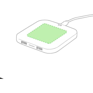 A wireless charger in white with a green charging area and ports indicated on the sides.