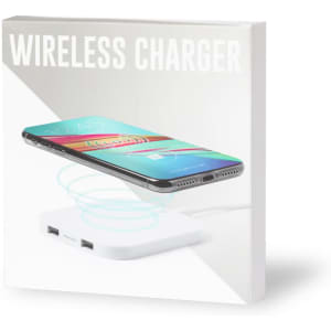 A wireless charger in white, featuring a smartphone above it with a glowing charging indication.