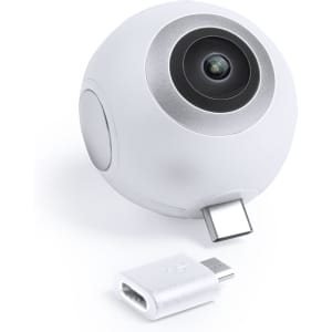 A white spherical 360° camera with a silver lens, accompanied by a USB connector.