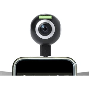 A black 360° camera with a lens mounted on a smartphone, featuring a small branding logo.