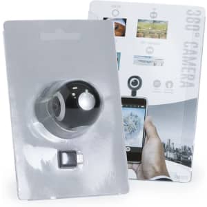 A black 360° camera is displayed in its packaging alongside an instructional card with images and icons.