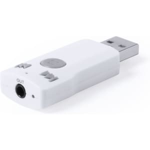 A white Bluetooth receiver with a USB connector and an audio output jack. It features buttons and a small logo.