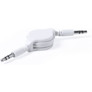 A white retractable Bluetooth receiver with audio jacks on both ends. It features a compact, rounded design.