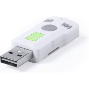 A white Bluetooth receiver with a USB connector and control buttons, featuring a logo on the side.