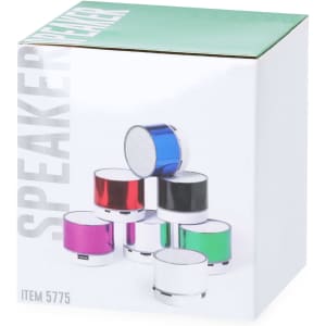 A box containing multiple small speakers in various colours including pink, black, green, and silver, with a logo.