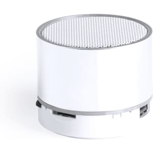 A white cylindrical speaker with a textured top and a silver rim, featuring a logo on the side.