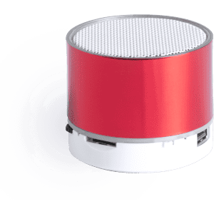 A portable speaker in red and white with a circular design and a mesh speaker grill on top.