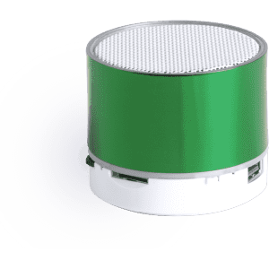 A compact green speaker with a textured top and a white base, featuring a logo.