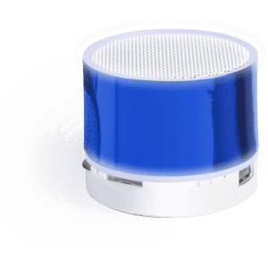 A compact blue speaker with a white base, featuring a circular mesh top and a branding logo.