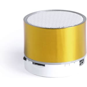 A compact round speaker with a shiny yellow exterior and a white base, featuring a mesh top.