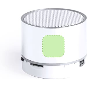 A round white speaker with a textured top and a logo area on the side.