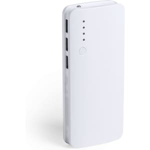 A white power bank with multiple ports and battery indicator lights, featuring a simple design and a logo.
