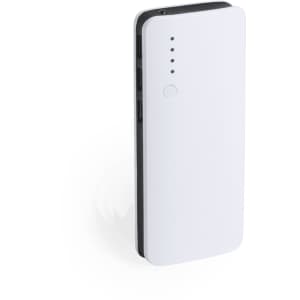A white power bank with a sleek design, featuring indicator lights and multiple USB ports.