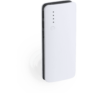 A white power bank with a smooth surface, featuring LED indicators and a power button.