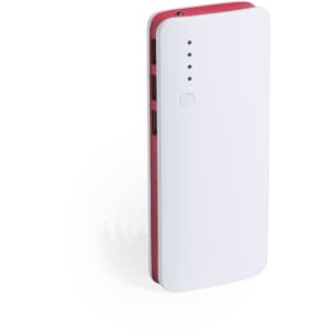 A power bank in white and red with multiple ports and a compact design. It features a branding logo.