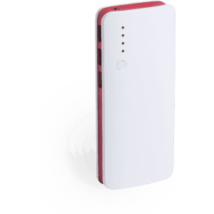A white and red Kaprin Power Bank with LED indicators and multiple USB ports. It features a logo on the side.
