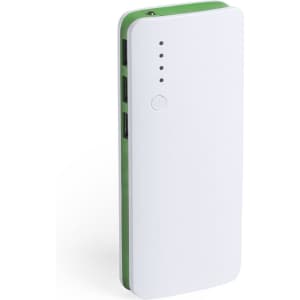A white and green power bank featuring multiple ports and indicator lights, with a branding logo on the side.