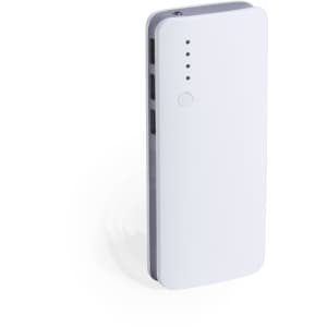 A white power bank with a grey side, featuring LED indicators and multiple ports. It has a logo on the surface.