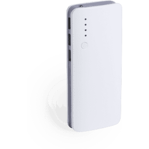 A white power bank with a sleek design, featuring a logo and multiple indicator lights.
