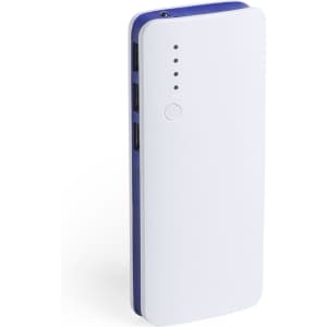 A power bank in white and blue with multiple charging ports and indicator lights. Features a logo on the surface.