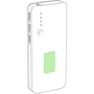 A white power bank with multiple ports and an LED indicator, featuring a green highlighted area for branding.