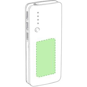 A white power bank featuring multiple ports and a green highlighted area. It includes a logo on the surface.
