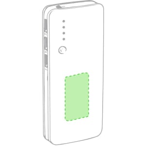 A white power bank with a green area and multiple ports, featuring a logo on the side.