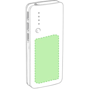 A white power bank with a green accent, featuring multiple ports and a logo.