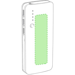 A power bank in white and green, featuring multiple ports and a logo on the surface.
