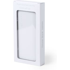 A white power bank in packaging, featuring a logo on the front. Designed for mobile charging.