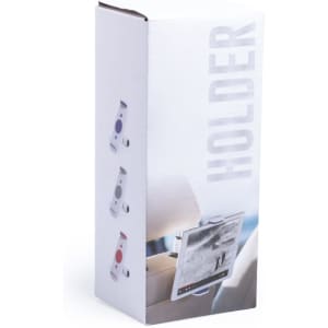 A car phone holder packaged in a tall box featuring multiple colours, including purple, blue, and red.