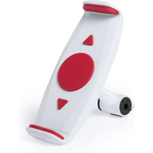 A car phone holder in white and red, featuring a central red button and two directional buttons. It has a logo.