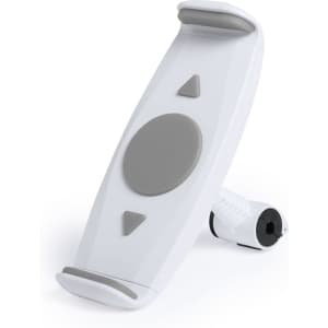 A white and grey car phone holder with a suction mount and control buttons. Features a sleek, modern design.