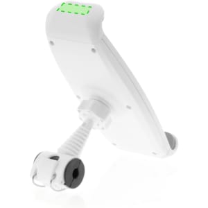 A white car phone holder with a flexible arm and a logo, designed to securely hold devices.
