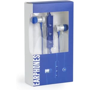 A boxed set of Voltar earphones in blue with a control panel and earbuds visible through the packaging.