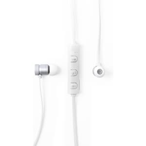White Voltar earphones with a control remote and silver accents, featuring two earbuds connected by a cord.