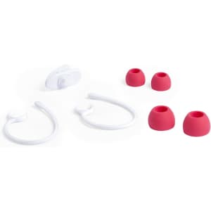 Voltar Earphones in white and red, featuring ear tips and secure hooks for a comfortable fit.