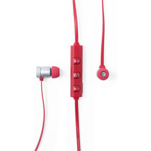 Red Voltar earphones with a remote control and microphone, featuring silver accents and interchangeable earbuds.