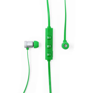 Green earphones with a control module and microphone, featuring a sleek design and an earbud style.
