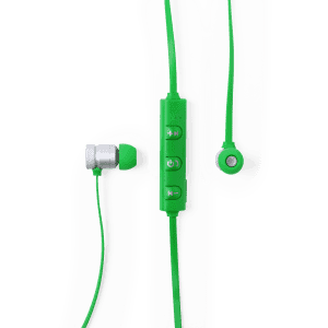 Bright green Voltar Earphones with a microphone and volume control. The design features earbud-style tips and a sleek finish.
