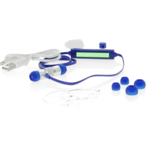 Blue Voltar Earphones with a USB cable, multiple earbud sizes, and a transparent ear hanger. Features a logo.