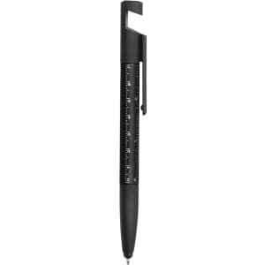 A multifunction pen in black featuring a ruler and a clip, with a logo on the side.