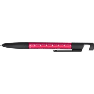 A pink and black multifunction pen with a built-in ruler and a clip for easy carrying. It features a branding logo.