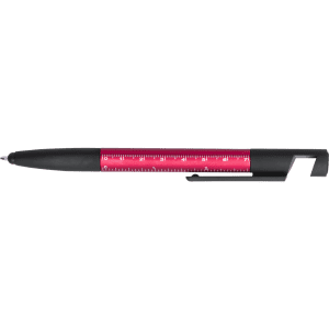 A multifunction pen featuring a black body and a pink barrel, with a ruler and a pocket clip. It has a logo.
