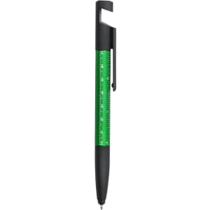 A multifunction pen in black and green, featuring a ruler and additional writing functions. It has a logo on the surface.